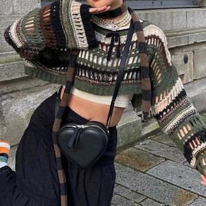 Y2K Striped Crochet Crop Sweater 🪲⛓️🖤✨